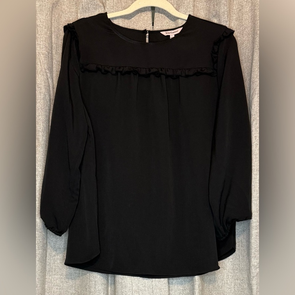 Elegant Black 3/4 Sleeve Ruffled Bib Collar Blouse